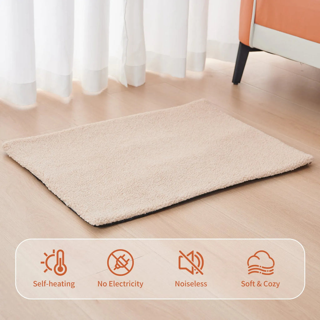 Grey self-heating pet bed with plush fabric and reflective thermal layer for indoor winter use