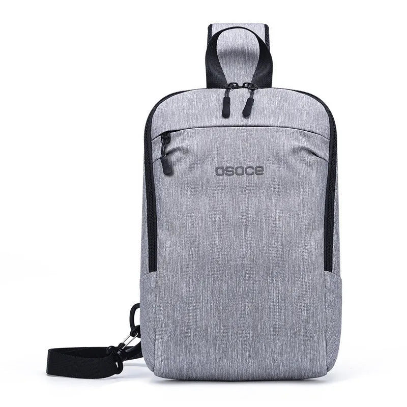 Men's Oxford cloth chest bag with zipper closure, embossed pattern, and car suture detailing in black 21x8x32cm