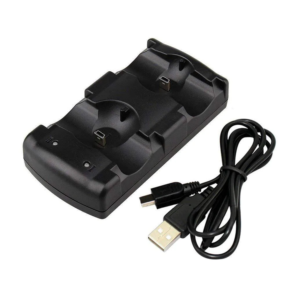 Black PS3 dual controller charging station with two wireless gamepads docked upright