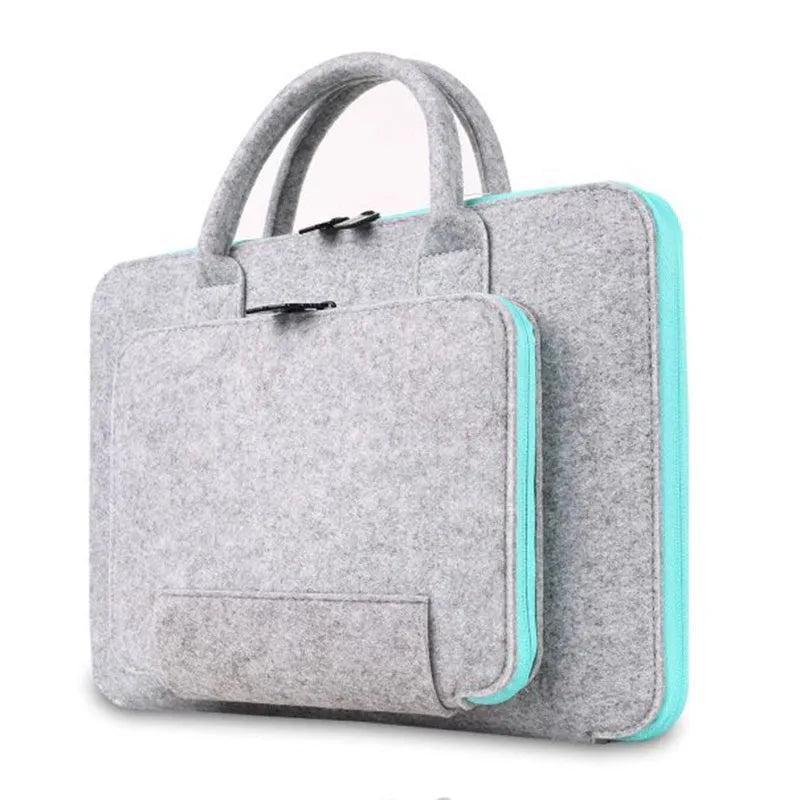 Colour-block felt laptop bag for 14-inch computer with pink zipper, Navy Blue and Dark Gray options, handheld style