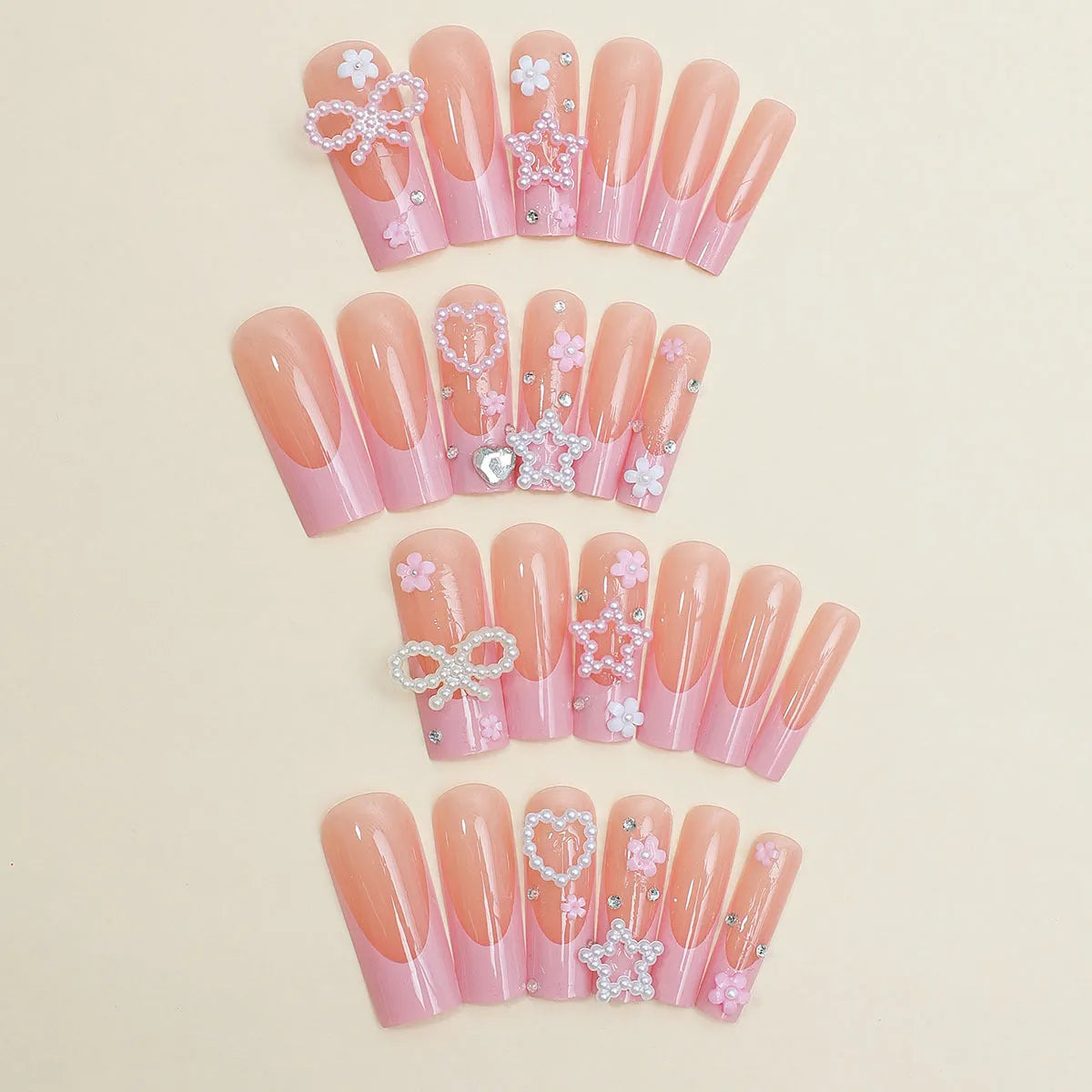 French style long water pipe wearable nails with a bow detail in colour XB-70-48.