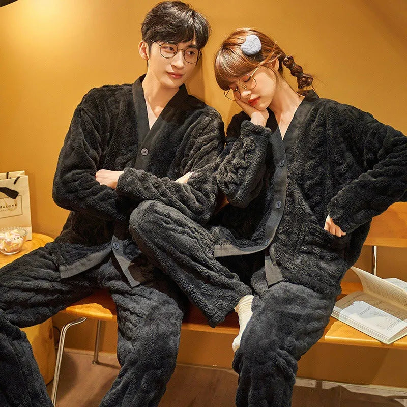 Autumn winter flannel men's thickened fleece homewear suit in apricot with top and trousers