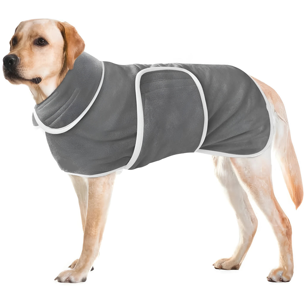 Super absorbent dog bathrobe robe on a dog, showing hook and loop closure and soft material.