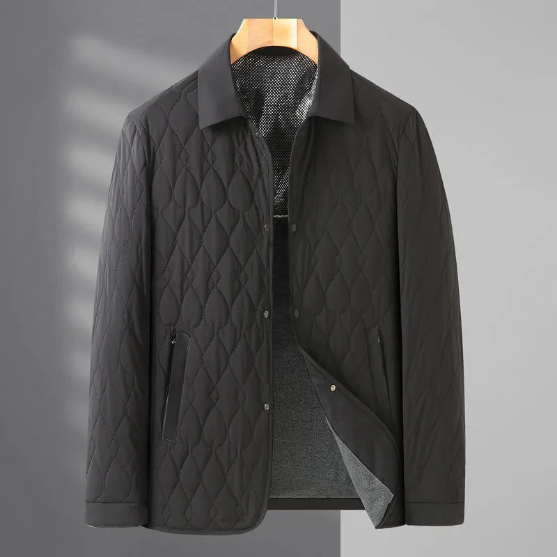 Men's black diamond lattice quilted jacket, lightweight polyester, sizes L-4XL, for autumn winter business or leisure