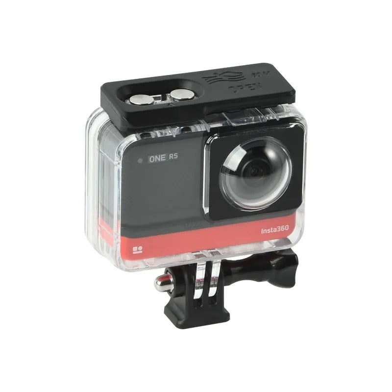 Transparent waterproof housing for Insta360 One RS camera with dimensions 9×8×4.5 cm