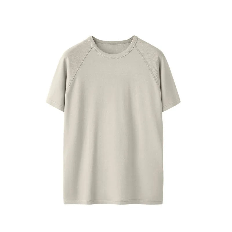 Slim fit leisure T-shirt collection showing vest and short sleeve options in beige, gray and black colours