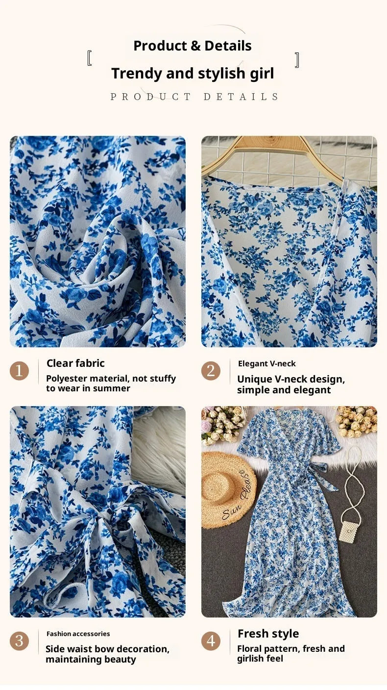 Short-sleeved V-neck A-line flared floral dress with bow at high waist, mid-length polyester dress