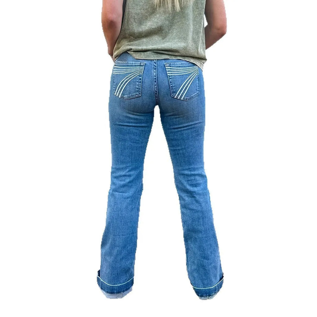 Slim fit elastic mid-waist jeans with embroidery details and slightly flared leg