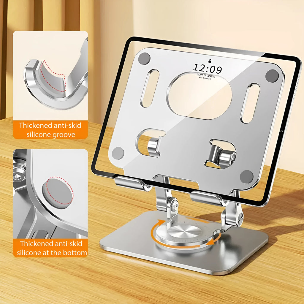 Rotating aluminium tablet stand extended to maximum height with tablet in portrait orientation
