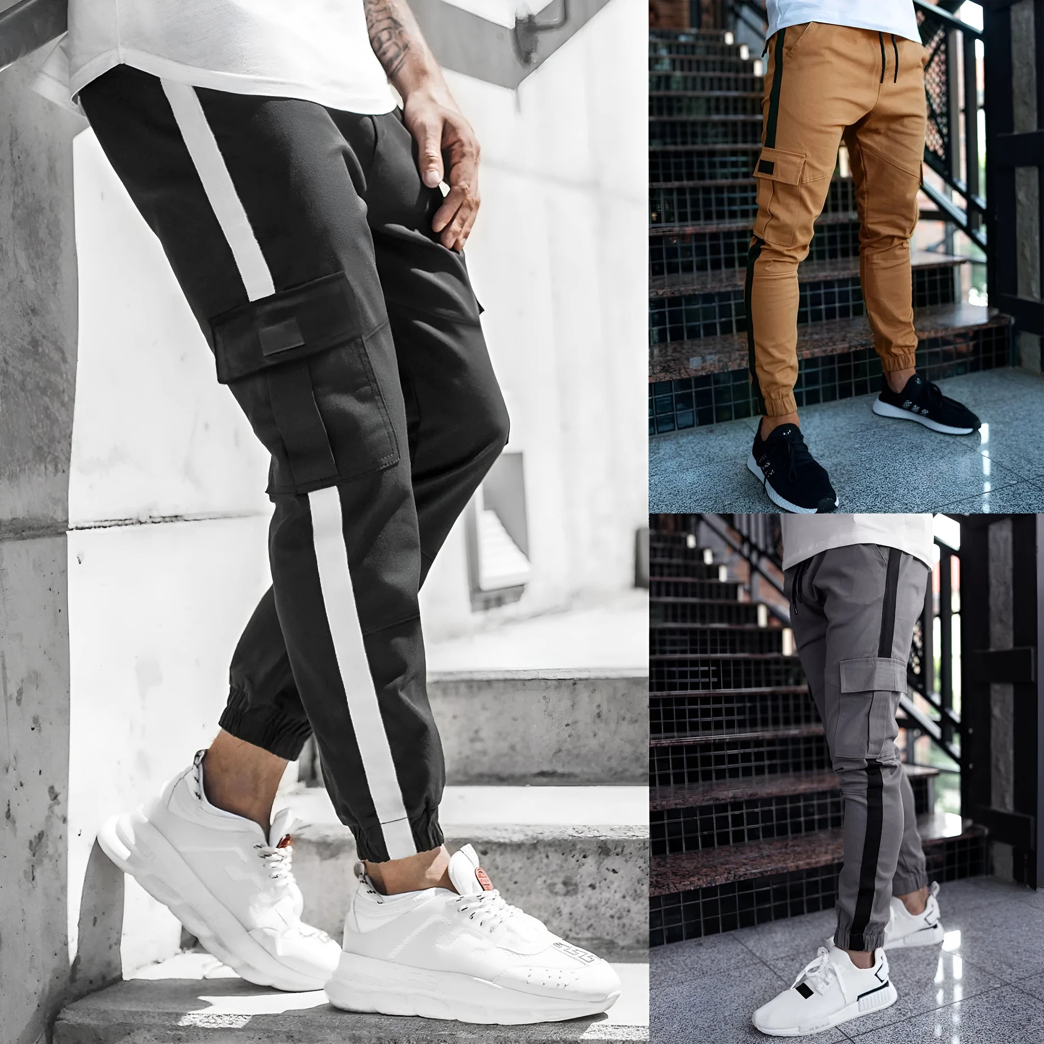 Men's leather bound casual pants in khaki, mid waist with zipper placket, micro-elastic polyester fabric