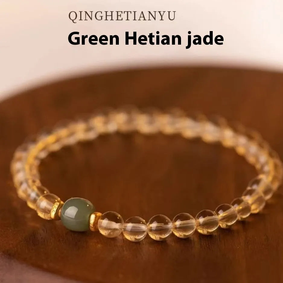 Putuo natural gold rutilated quartz bracelet with pearl accents in green or white jade colours