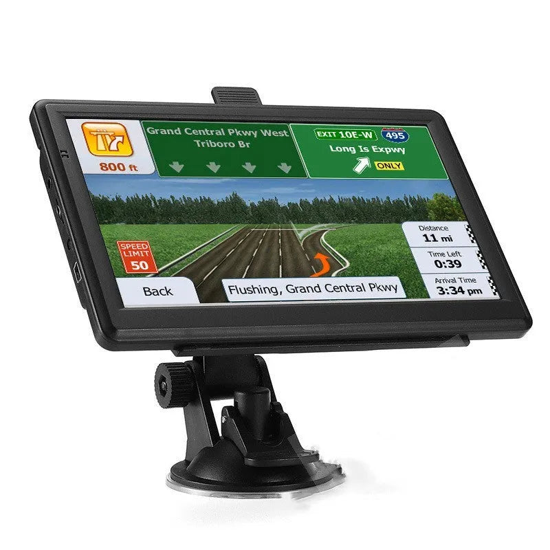 7-inch car GPS navigation device with touch screen showing map, includes bracket and car charger