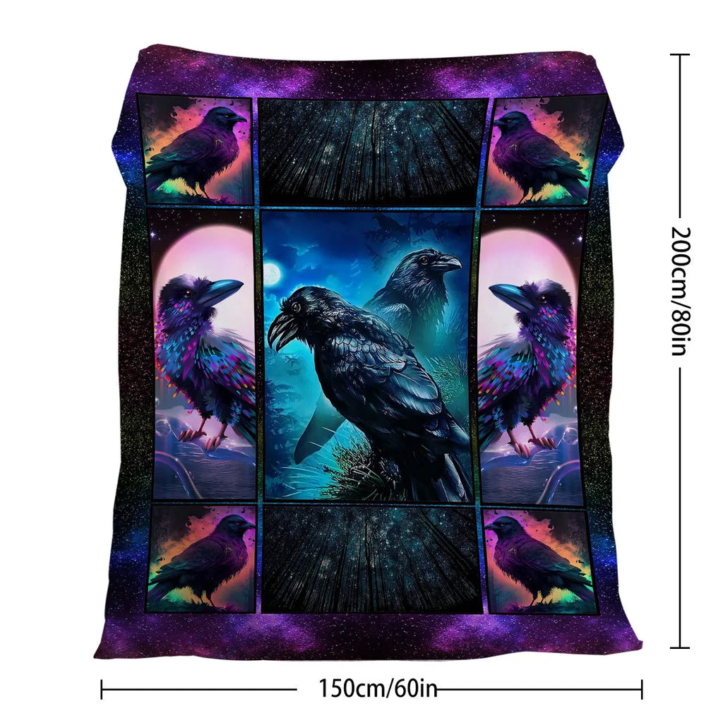 Multicoloured flannel velvet blanket with raven print, three size options, hemmed edges for durability