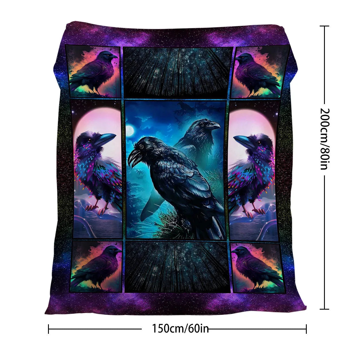 Multicoloured flannel velvet blanket with raven print, three size options, hemmed edges for durability