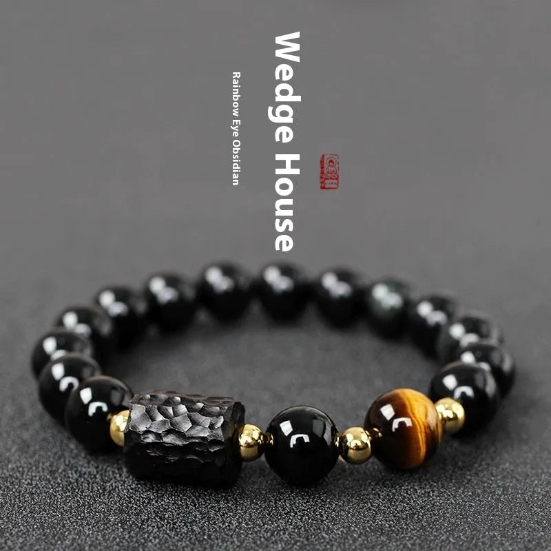 Obsidian bracelet with 10mm red tiger eye beads, unisex retro design featuring circle elements
