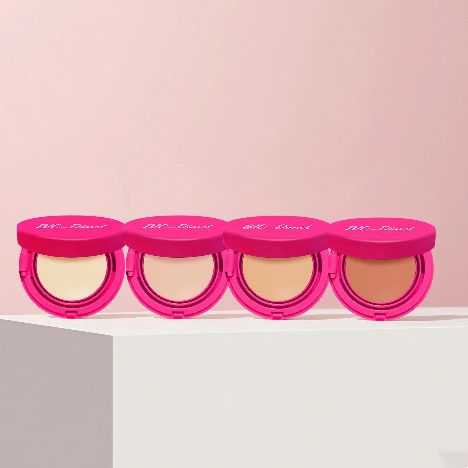 Liquid foundation cream in four nude shades: natural colour, cocoa colour, ivory white, deep flesh colour