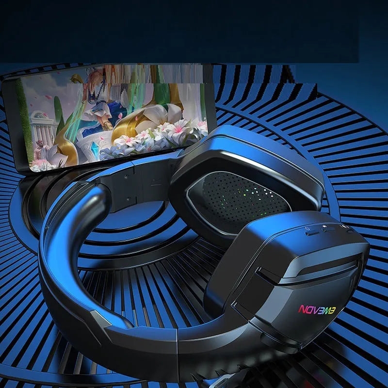 Black wireless Bluetooth headset with RGB lighting on the ear cups, worn over the head.