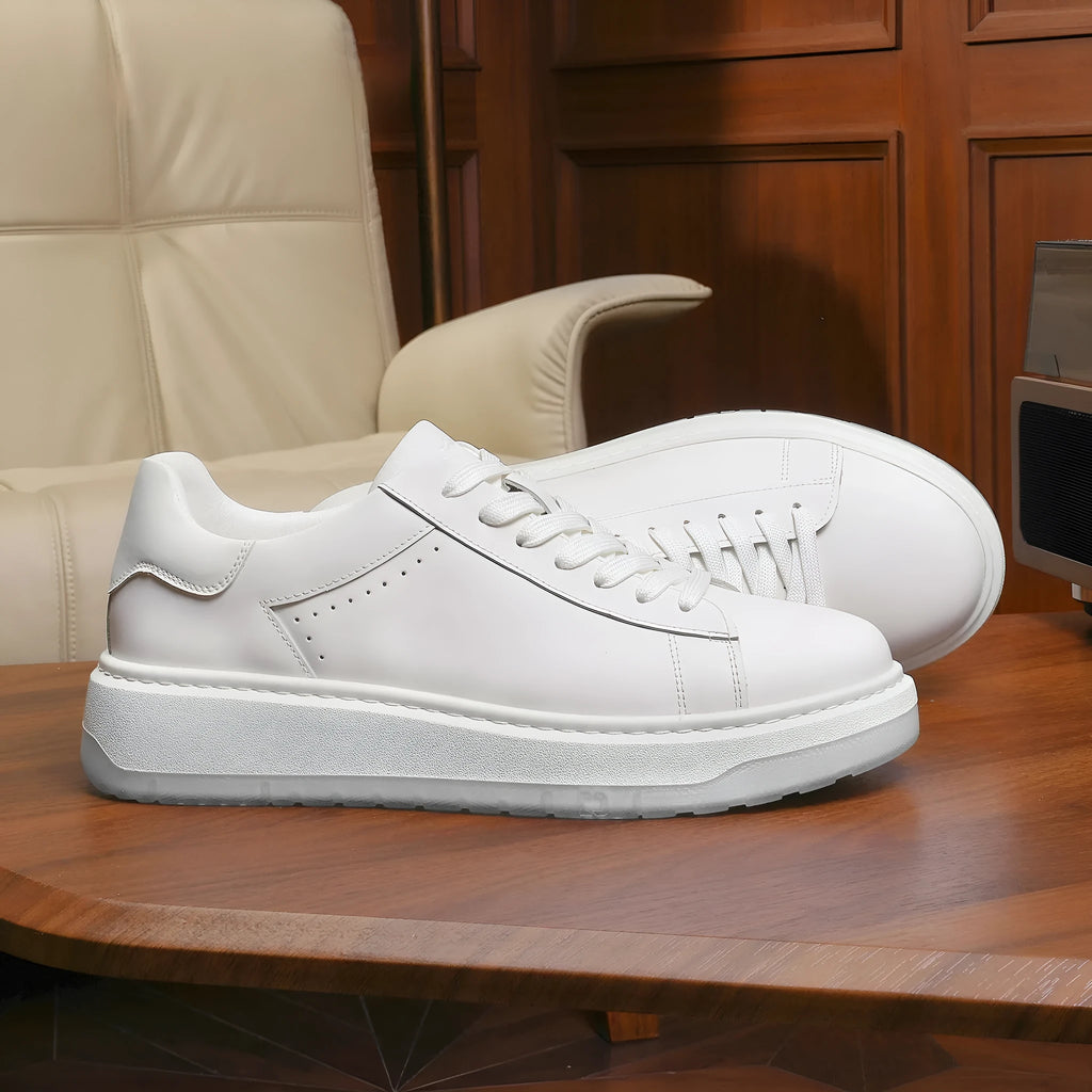 Men's breathable casual sneakers in first layer cow leather, solid white colour, flat heel design, sizes 37 to 45