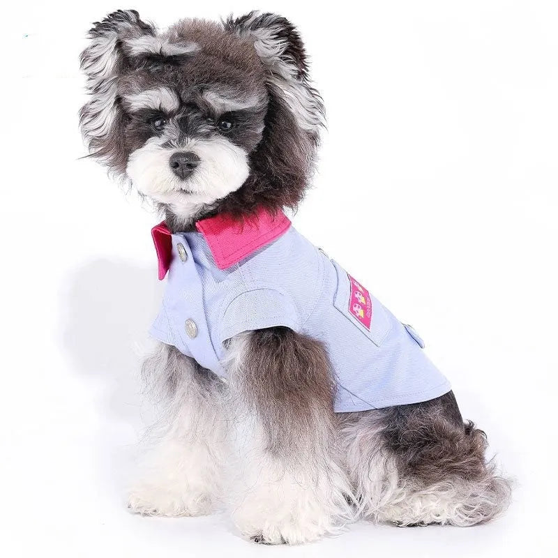 Blue and purple polyester dog vest with traction rope ring showing size options from XXS to XXL