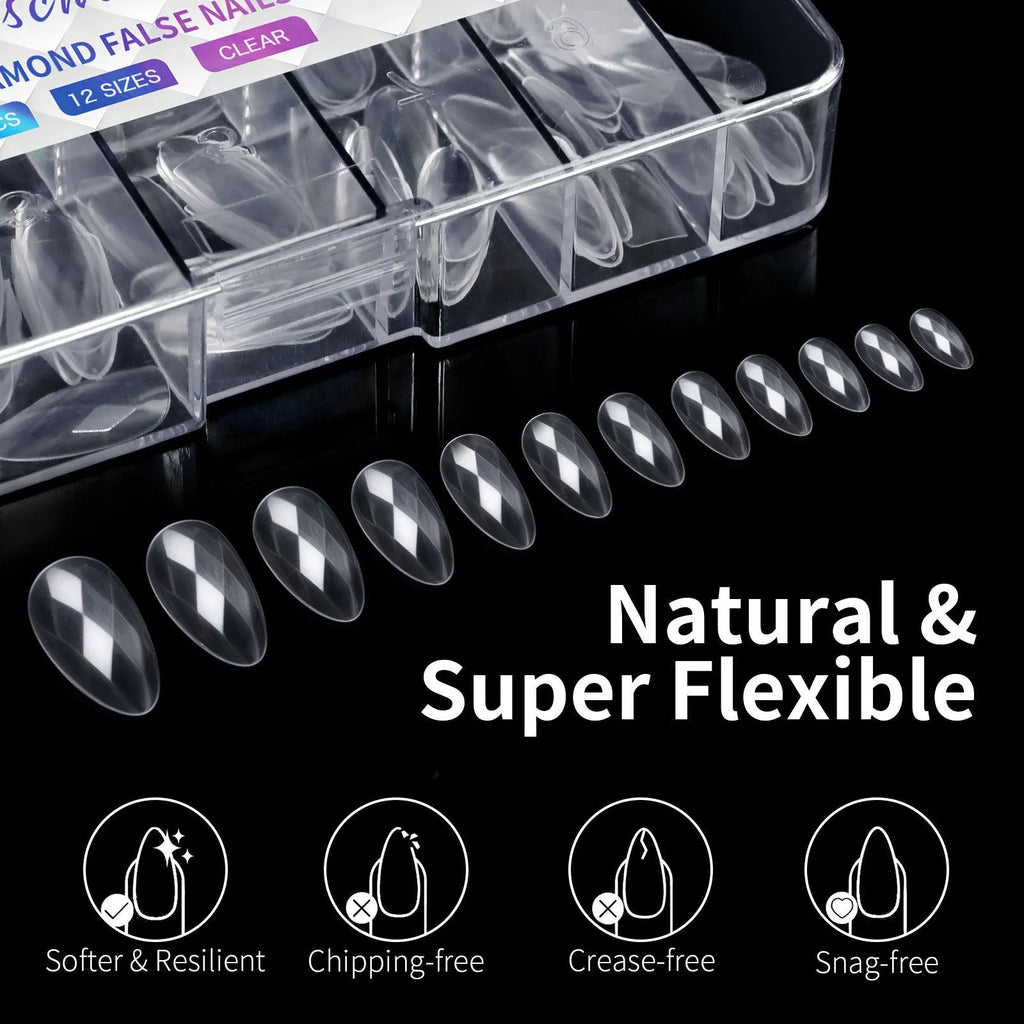 Long coffin-shaped diamond nail tips for 3D styling in assorted colours with transparent adhesive zones