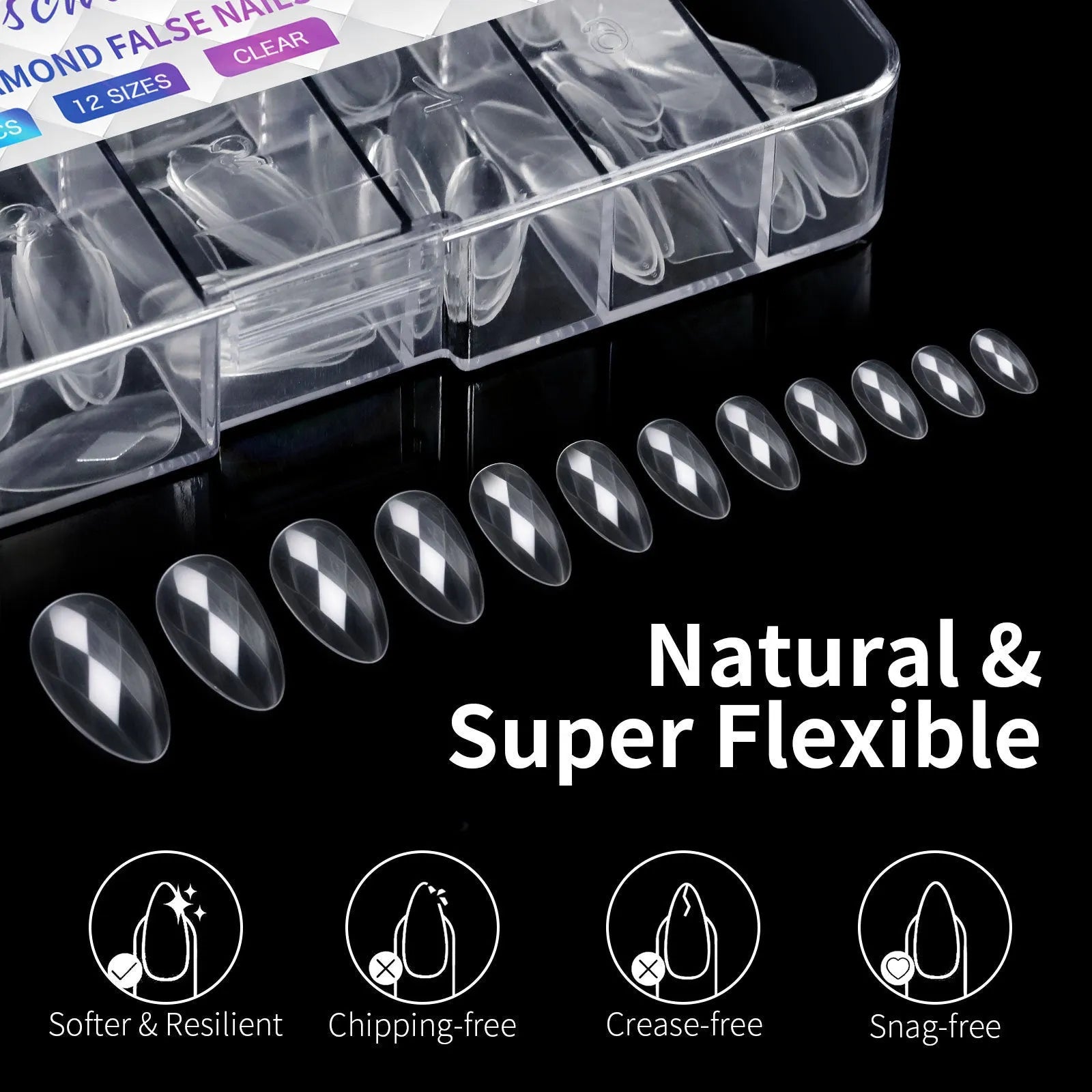 Long coffin-shaped diamond nail tips for 3D styling in assorted colours with transparent adhesive zones
