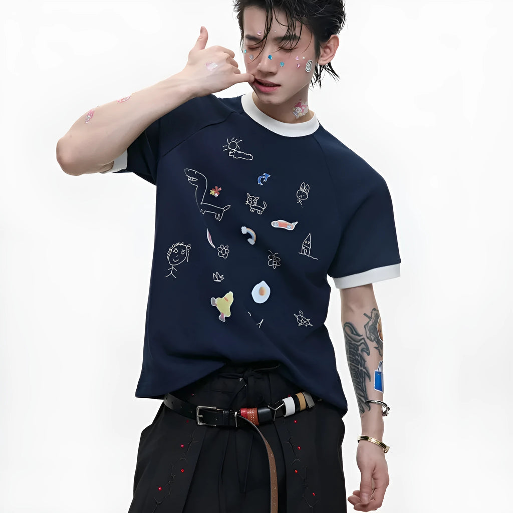 Men's blue short-sleeved shirt with cartoon print, loose fit, and contrasting colour panels.