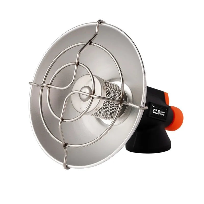 Black and orange portable outdoor camping heater with automatic ignition on a stainless steel and plastic body.