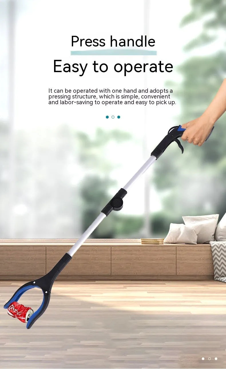 Silver foldable aluminium garbage clamp with blue handle extended to 80cm, showing magnet tip.