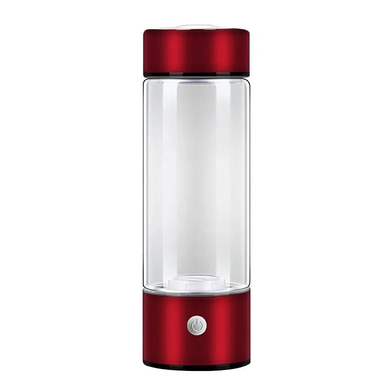 Silver hydrogen water bottle with electric generator, borosilicate glass cylinder.
