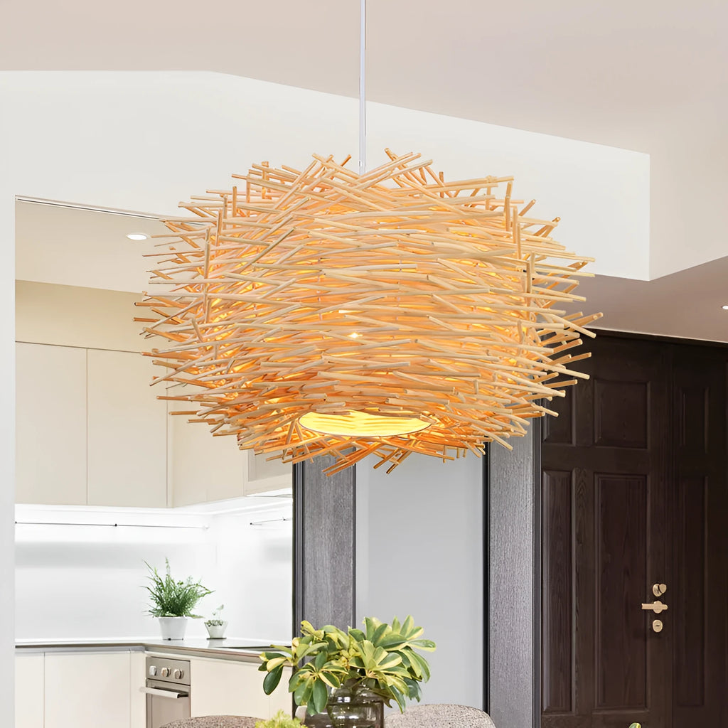 Handwoven rattan birdcage chandelier with bamboo straw weave in coffee colour, 30cm diameter