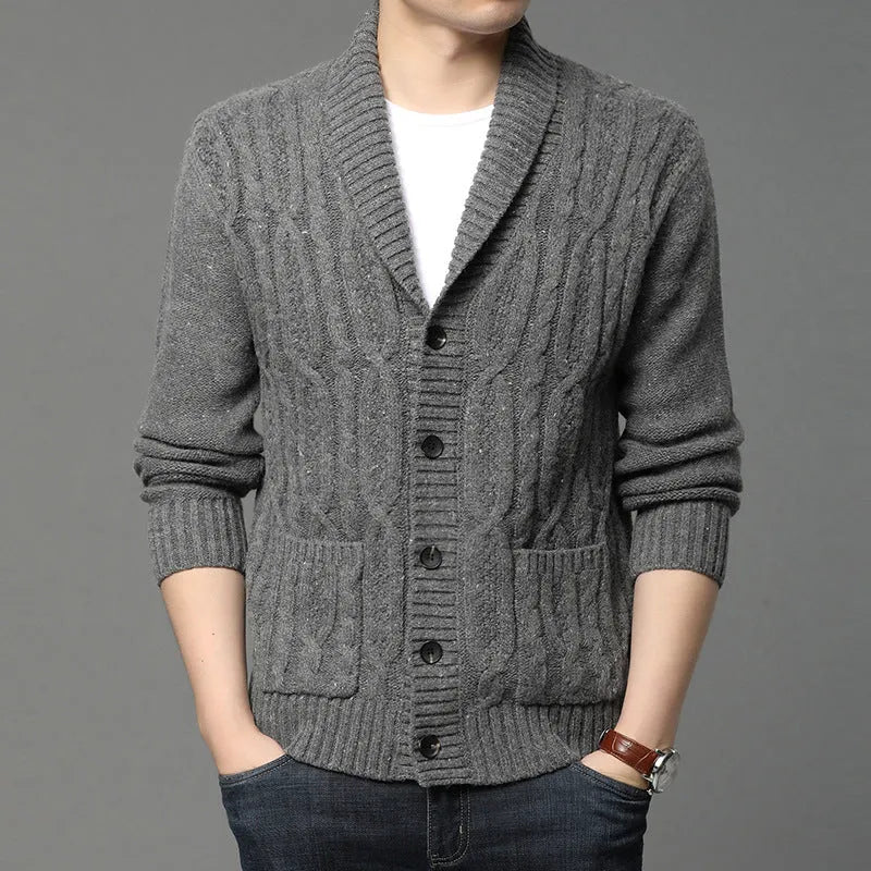Men's Korean style jacquard knitted cardigan jacket in straight cut design for autumn winter wear
