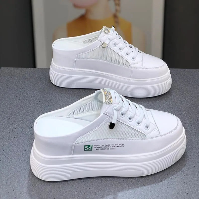 Women's white platform shoes with mesh detail and round toe design