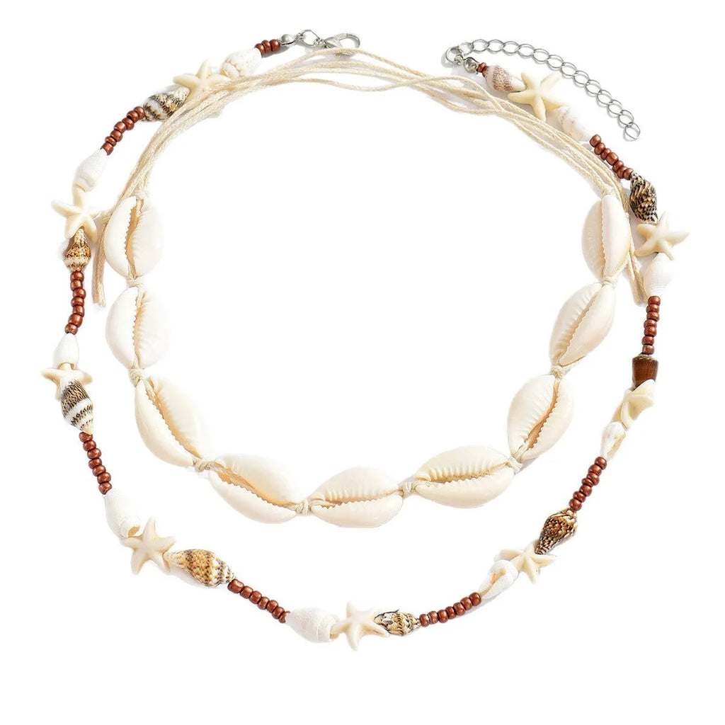 Women's bohemian shell necklace with geometric pendant on regular chain in colour X1900