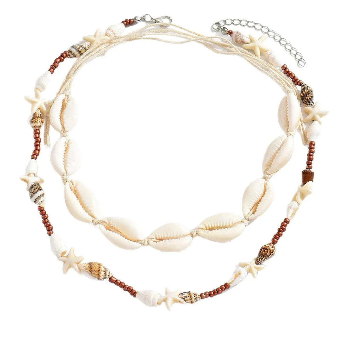 Women's bohemian shell necklace with geometric pendant on regular chain in colour X1900