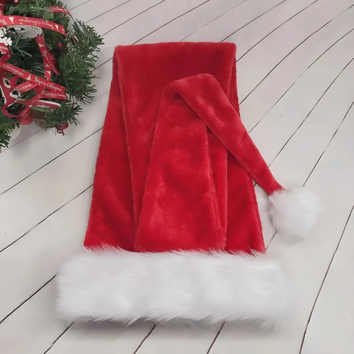 Extra long 1.5m plush polyester Christmas hat for festive decorations, 30 x 150cm