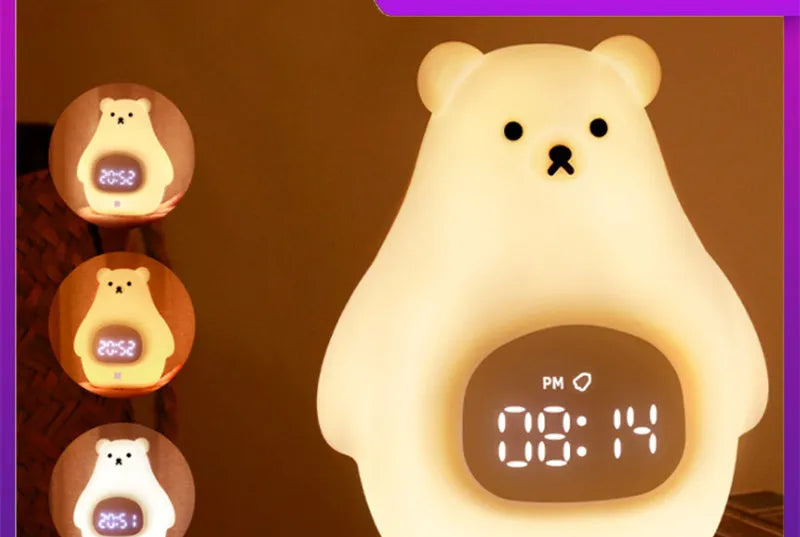 White silicone cartoon bear-shaped night light with remote control on a bedside table.