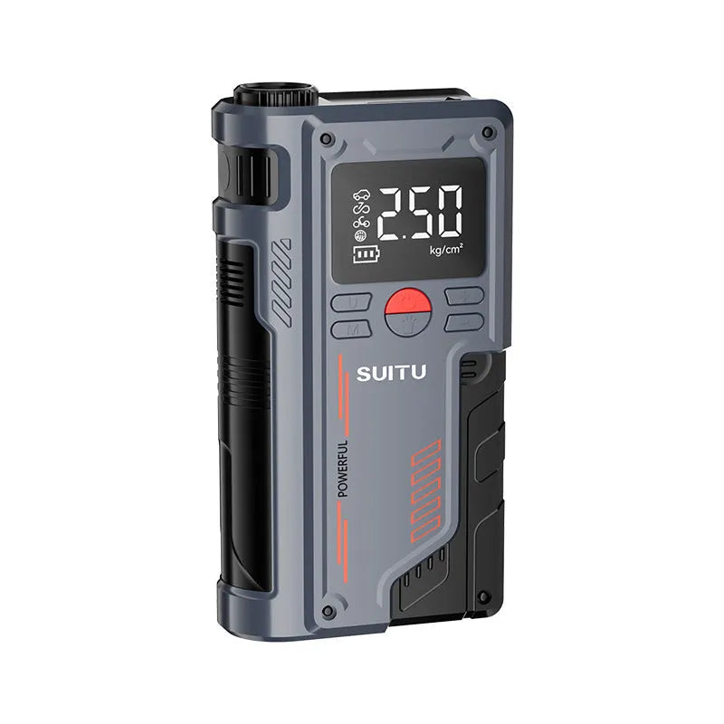 Portable ABS emergency jump starter and tyre inflator with battery clips and hose, showing dimensions 206mm x 110mm x 54mm