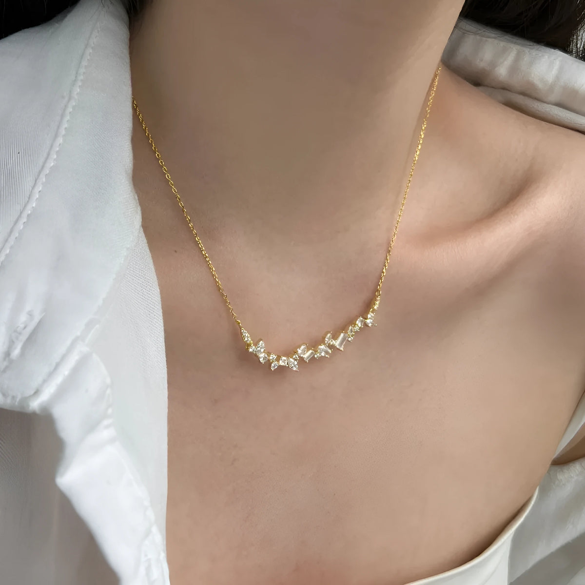 925 silver geometric zircon irregular necklace platinum finish on display with chain and pendant detail