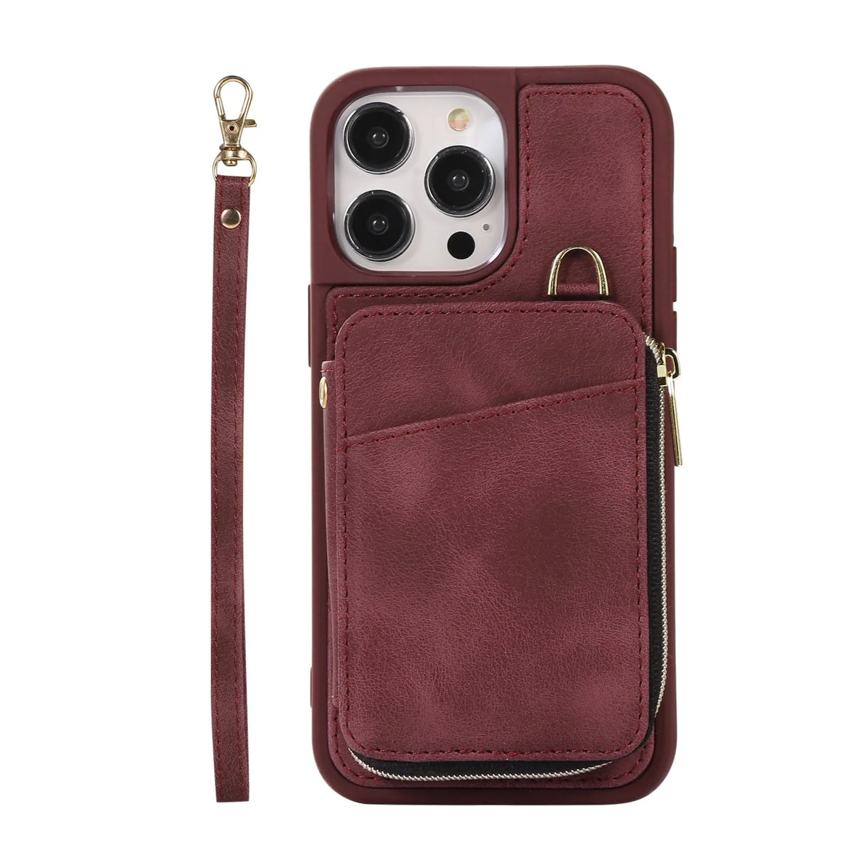 Leather wallet phone case with card holder, bracket and lanyard in pink, purple, wine red, brown, green or black