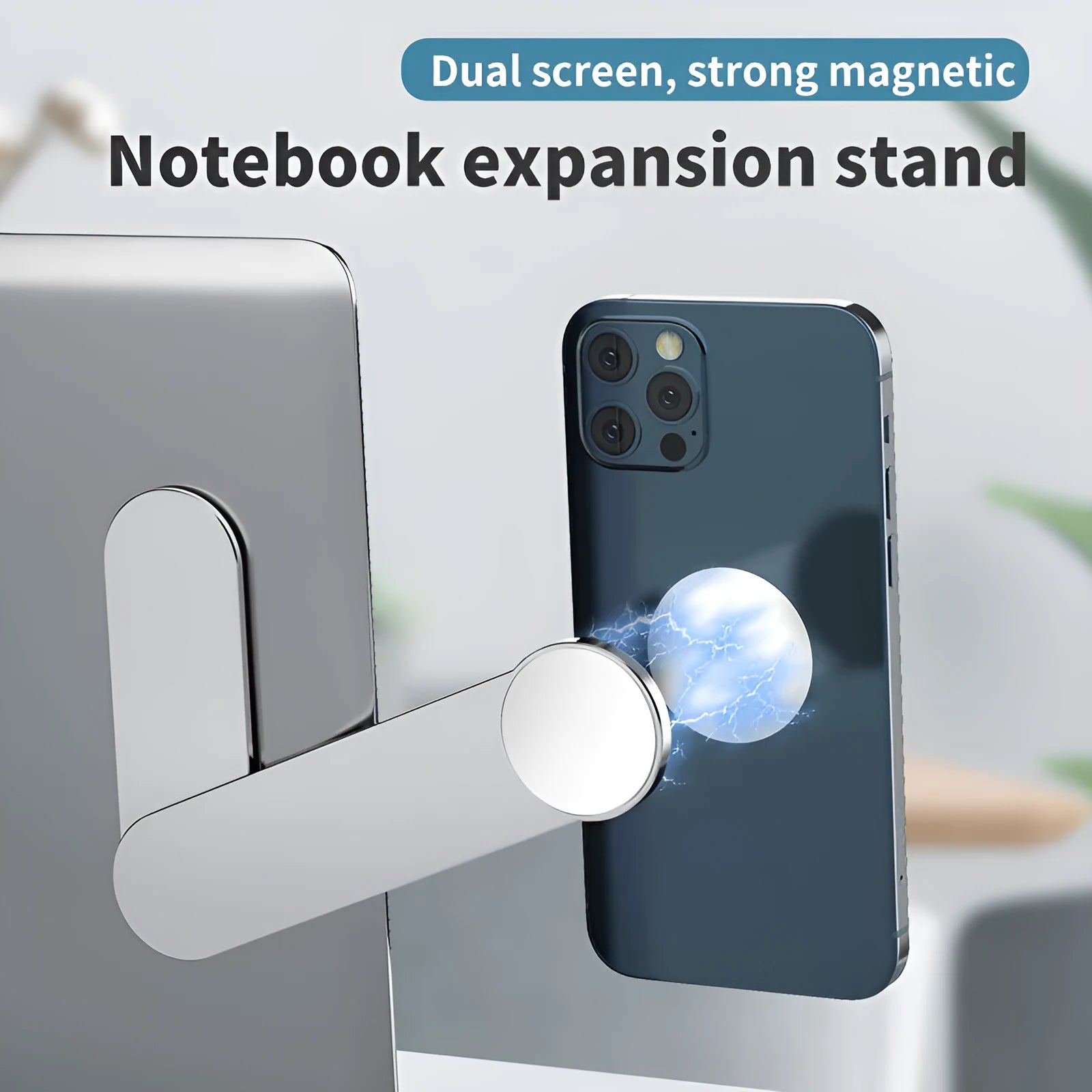 Silver aluminium alloy dual screen extension bracket with magnetic phone holder for desk mounting