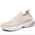 Slip-on breathable sock shoes in black, pink, khaki, and white with mesh lining and PVC sole.