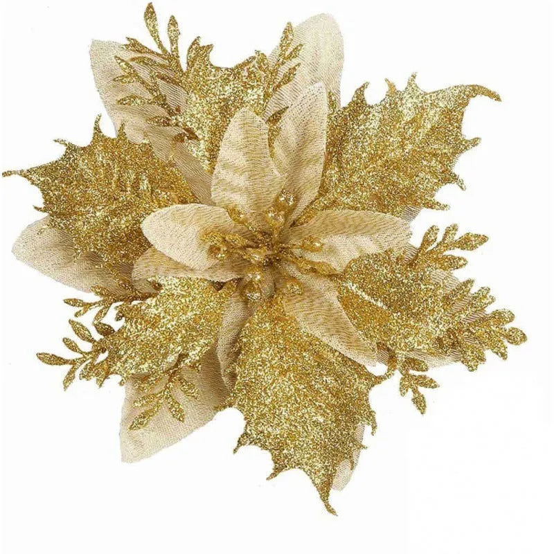 14cm gold powder double-layer artificial Christmas flower on a white background