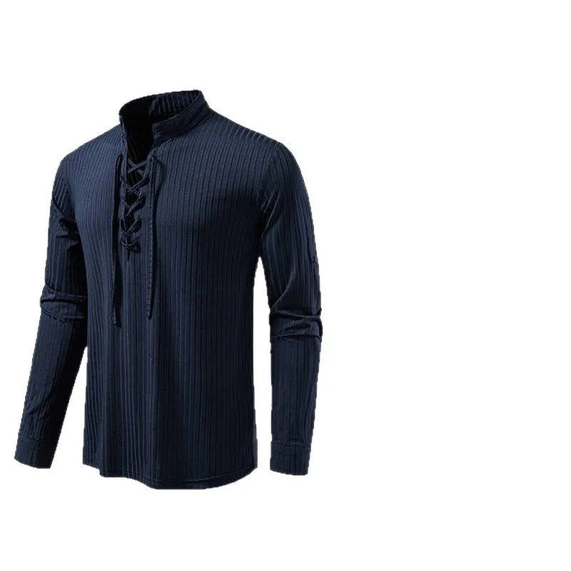 Men's casual long sleeve T-shirt with drawstring, slim fit, shown in six colours, sizes S to 2XL.