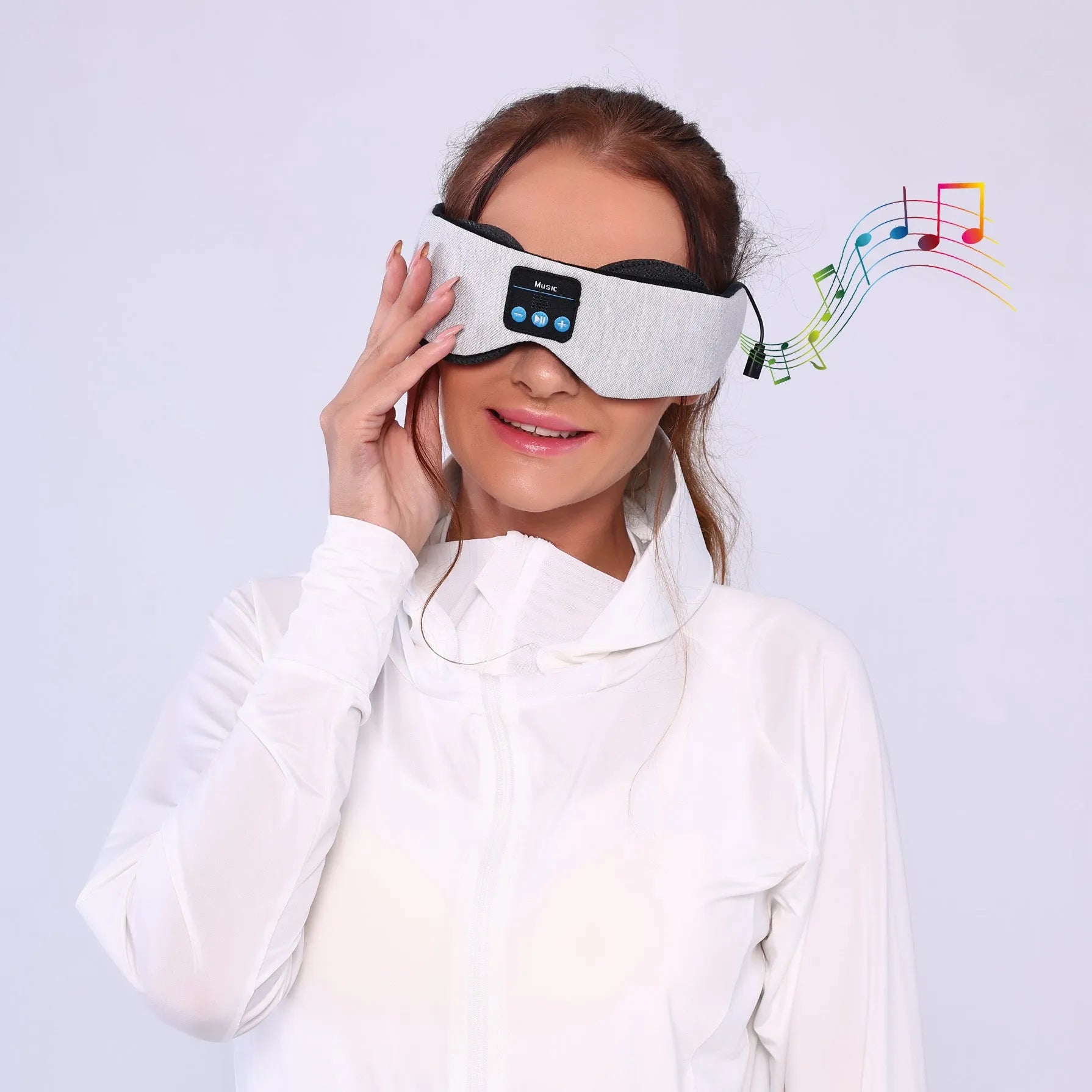 Grey outline Bluetooth sleeping eye mask with integrated wireless headphones for pressure-free music during sleep