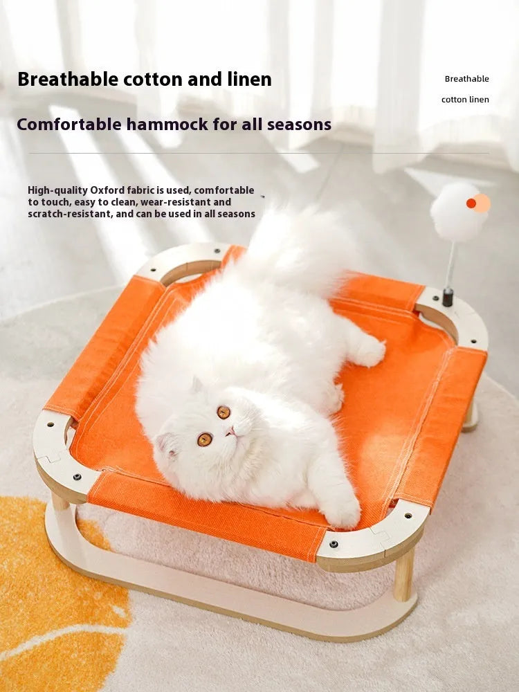 Washable wooden cat hammock bed, 46 x 46cm orange camp bed for cats and small dogs