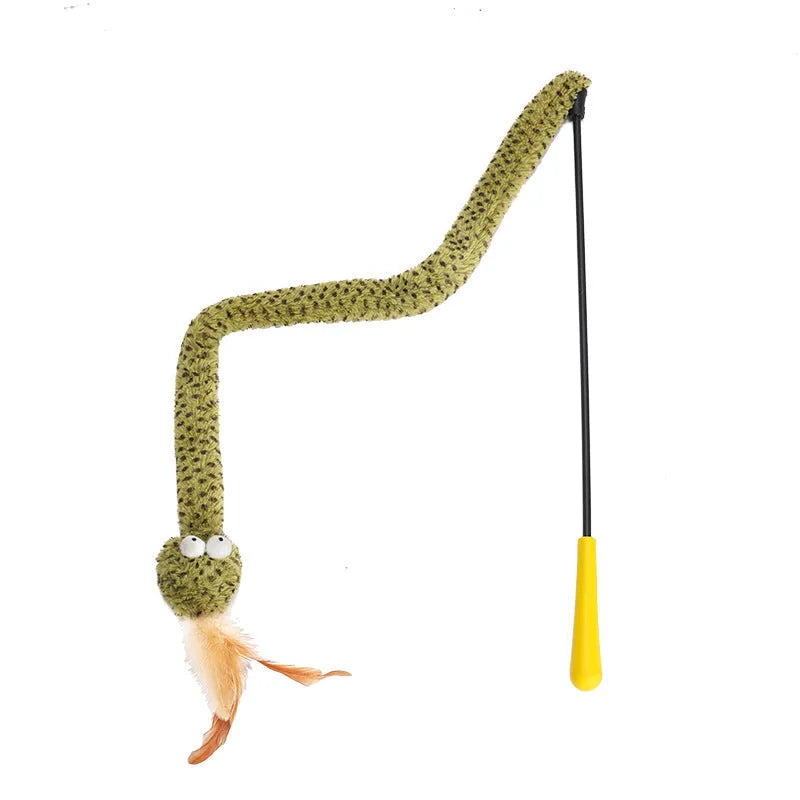 Green snake cat teasing stick with feather attachment on 140cm pole