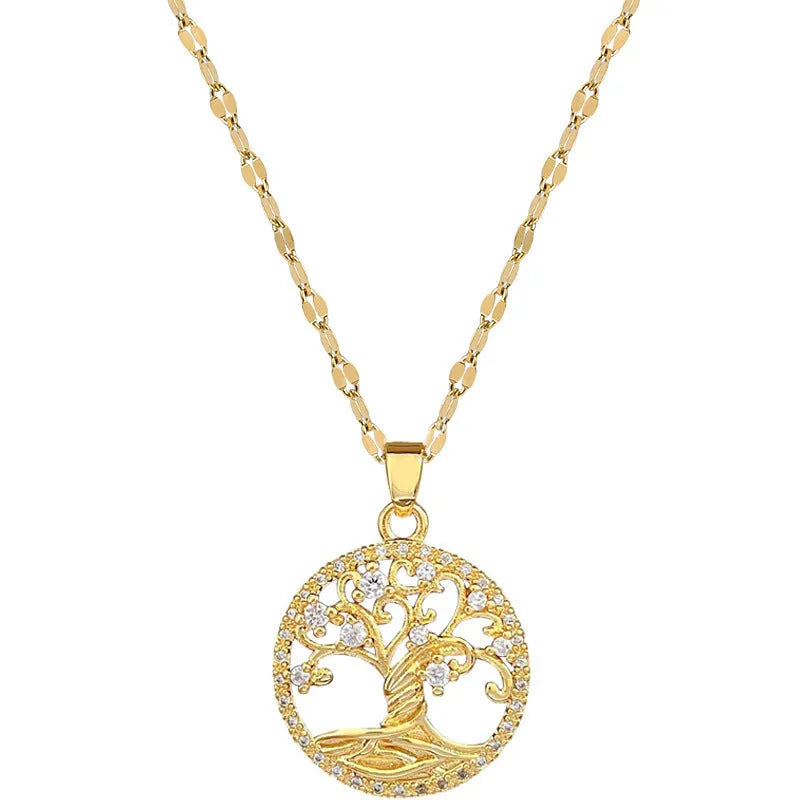 Gold-plated necklace with lucky tree rhinestone pendant and mother pearl centrepiece on an adjustable chain.