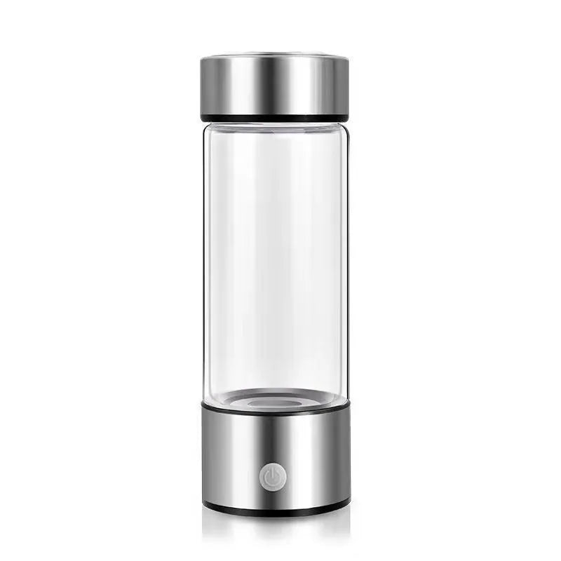 Silver hydrogen water bottle with electric generator, borosilicate glass cylinder.