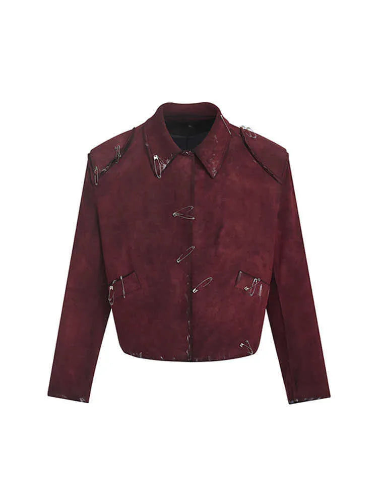 Men's red quilted jacket with decorative pin flocking design and lapel collar