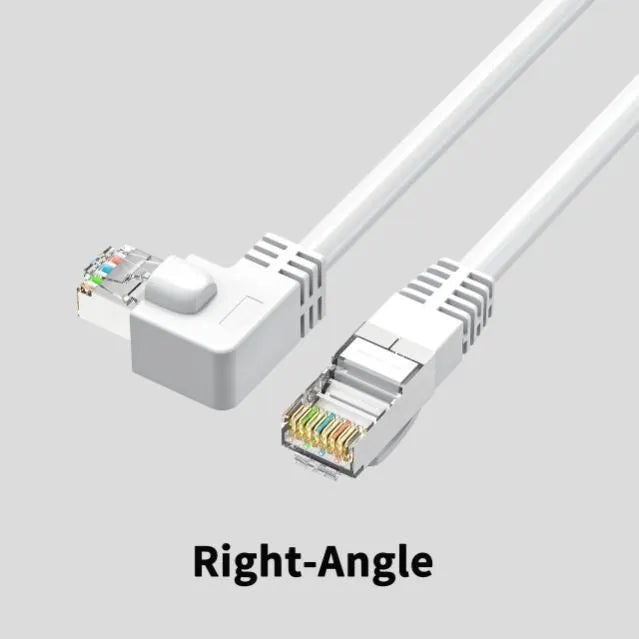 Cat6 Ethernet cable with a right-angle black RJ45 connector alongside cables in white, red, and yellow.